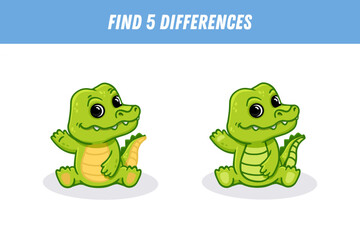 Find 5 differences between two pictures of cute crocodile. Cartoon animal. Educational logical game for children. Vector illustration