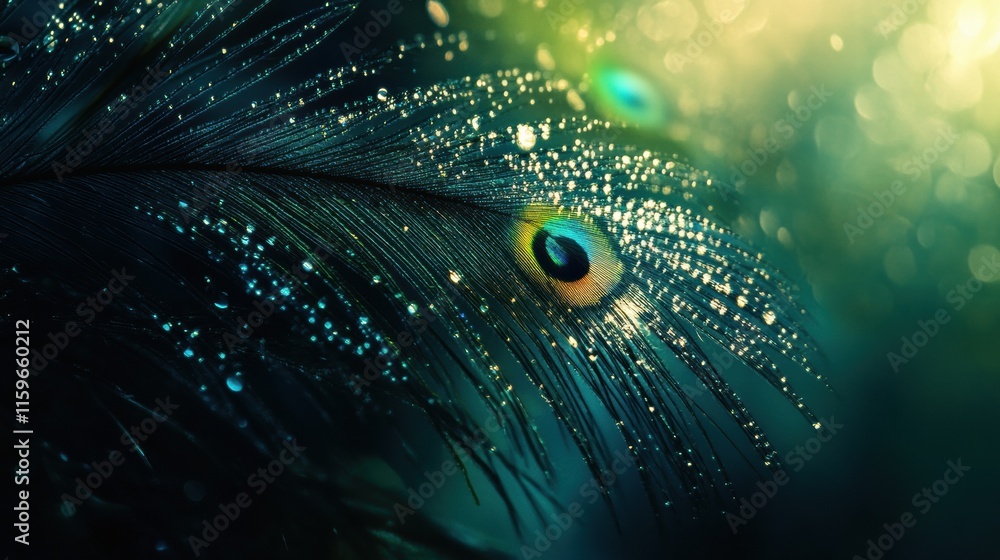 Leinwandbilder Close up view of a peacock feather adorned with dew drops in a serene natural setting. Generative AI