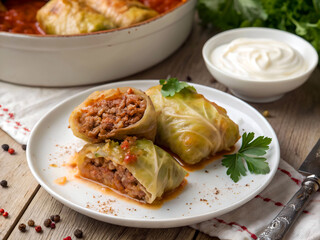 The image shows a plate of stuffed cabbage rolls with a dollop of sour cream on the side, all placed on a rustic wooden surface.
