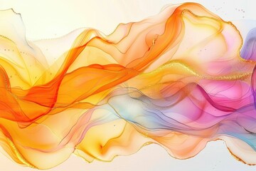 Abstract art featuring flowing pastel colors of orange, pink, and blue with gold accents.