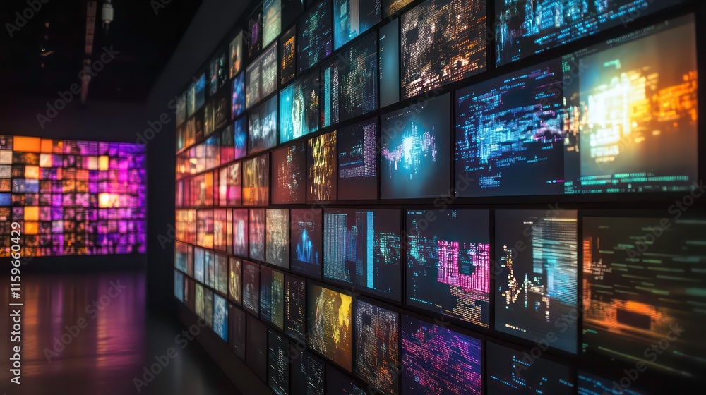 Poster A wall of screens displaying diverse digital content, including data visualizations, code, and abstract imagery, in a dark room.