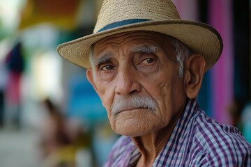 An elderly man in a straw hat gazes thoughtfully, capturing a moment of reflection outdoors.