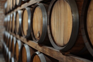 A close-up view of well-organized wooden barrels in a brewery, representing craftsmanship and quality.