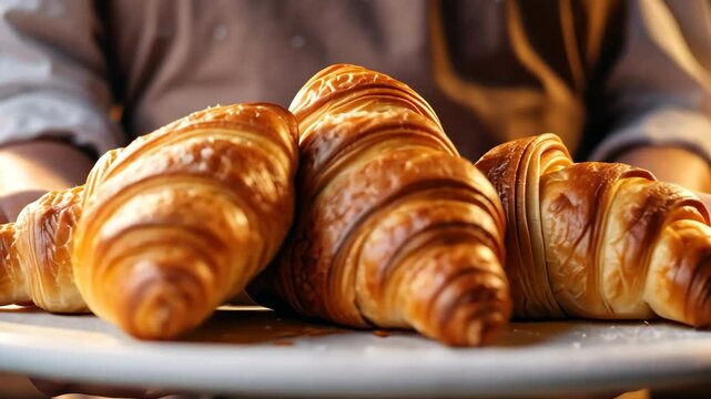 Female baker's hands hold a plate with freshly baked croissants in a bakery.