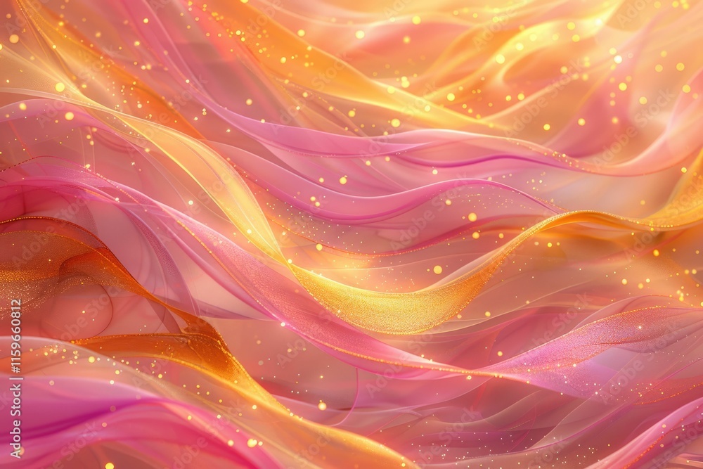 Wall mural abstract image of pink and gold fabric waves with shimmering sparkles, creating a dreamy and elegant