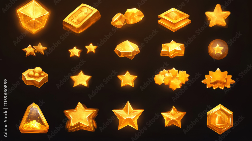 Poster set of game ui stars, rate or gui design elements yellow golden glossy assets for app user interface