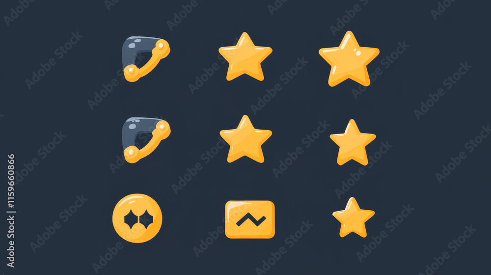 Poster set of game ui stars, rate or gui design elements yellow golden glossy assets for app user interface