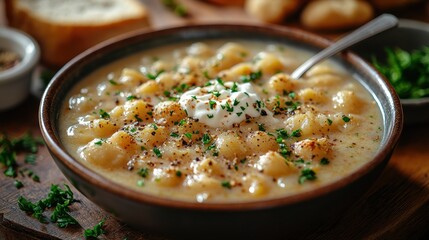 Bowl of Chowder Being Garnished with a Spoonful of Herbs