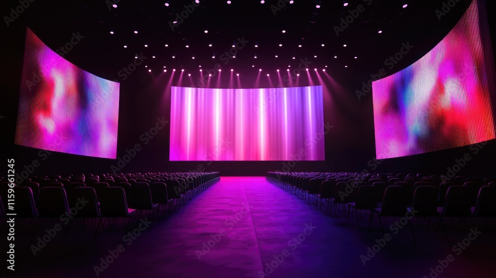 Poster vibrant stage event prelude: front view of illuminated setup with led screens and arranged chairs fo