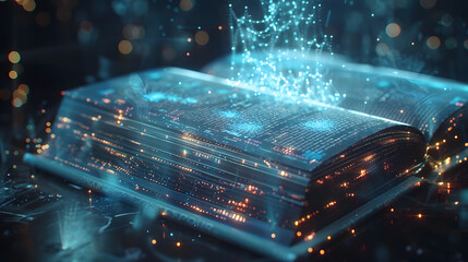 futuristic digital book with holographic pages illustrating the integration of technology into literature and the evolution of digital storytelling
