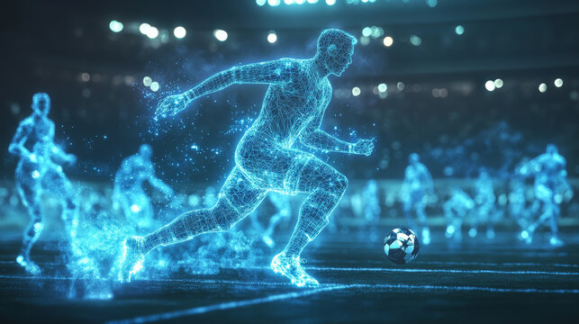 Hologram football. A holographic projection of a football player. Flickering energy flux of particles. The scientific design of the sport.