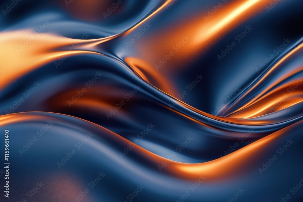 Poster glossy abstract waves in rich blue and orange hues creating a dynamic visual flow. generative ai