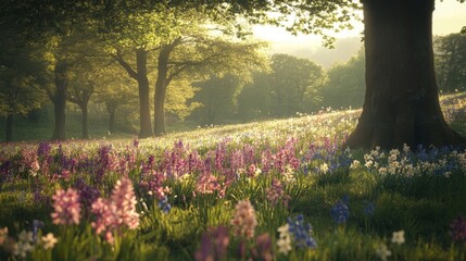 Obraz premium Sunlit Spring Meadow With Wildflowers And Trees