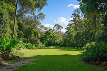 Fototapeta premium Breathtaking Lush Park Landscape Surrounded by Verdant Trees and Vibrant Green Grass in Summer Serenity