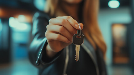 Closeup of a womans hand presenting a key. Shes wearing a black leather jacket. The background is blurry, suggesting an indoor space. The image conveys a sense of new ownership or access.