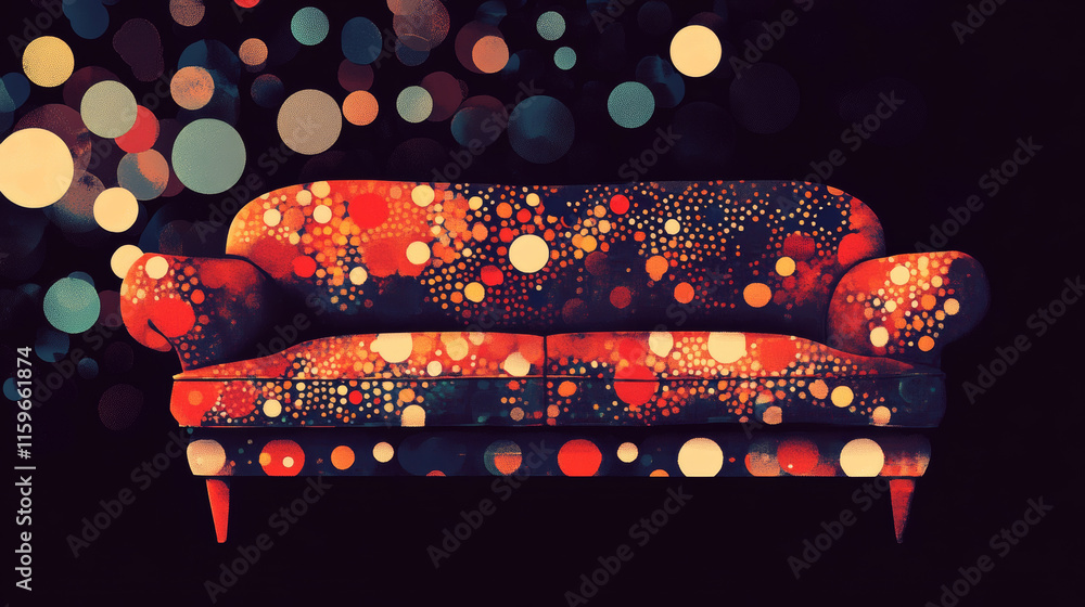 Poster sofa made of particles on a dark background. sofa of circles and dots