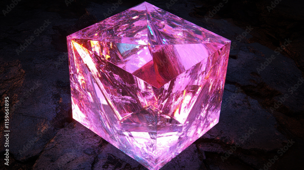 Poster 3d holographic prism cube with abstract light. isometric square cuboid shape in iridescent pink. fut