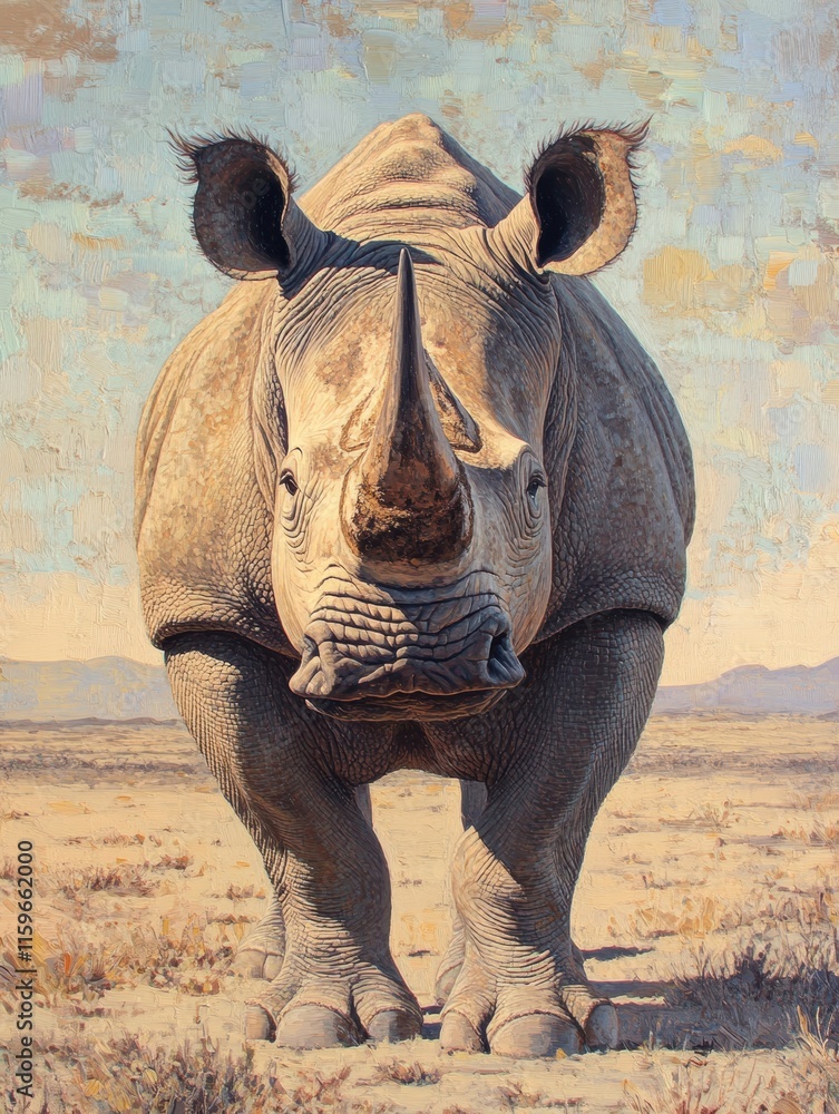 Aufkleber Close up view of a rhino in a barren savanna with ample space for text and mock up needs. Generative AI