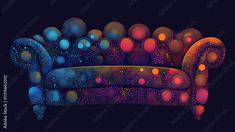 Poster sofa made of particles on a dark background. sofa of circles and dots