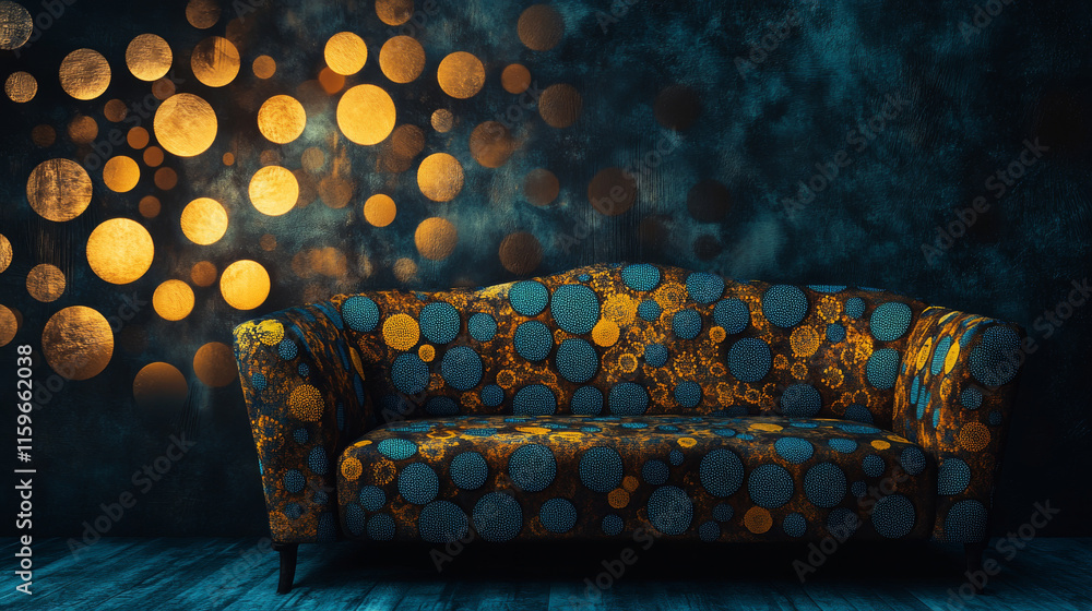 Poster sofa made of particles on a dark background. sofa of circles and dots