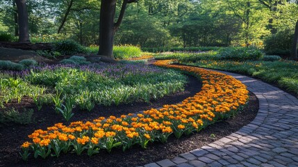 Obraz premium Winding Garden Path With Orange And Purple Flowers