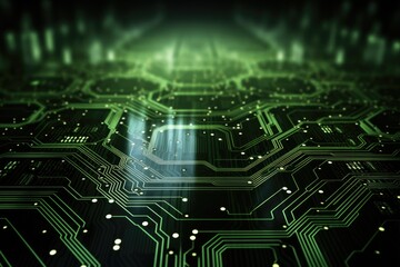 Obraz premium Green Circuit Board Background for High-Tech Computer Science and Technology with Railing and Empty Space