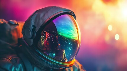 Close-up of astronaut helmet reflecting vibrant nebula and stars.