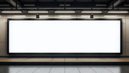 Subway platform with a blank advertising board and clean white background for customized promotions.