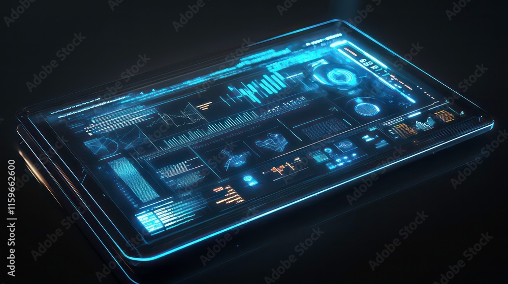 Poster futuristic tablet displaying holographic data, graphs, and charts on a dark background.