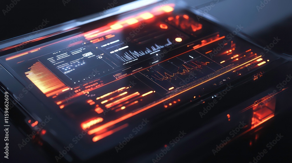 Aufkleber Futuristic transparent screen displaying data charts and graphs with orange glow.