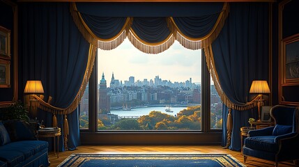 Luxurious Apartment With City View Through Elegant Curtains