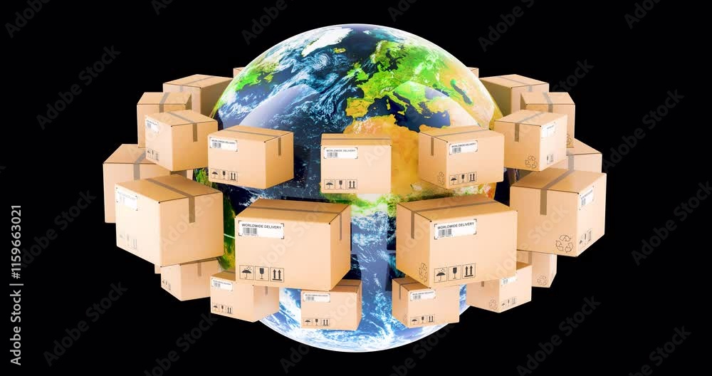 Poster parcels rotating around the earth globe. global shipping and delivery concept, 3d rendering isolated