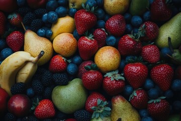 Fototapeta premium Vibrant Medley of Diverse Fruits: A Colorful Display of Strawberries, Apples, Bananas, and Pears