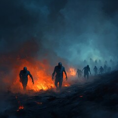 Zombies rising from fire during terrifying apocalyptic night scene picture