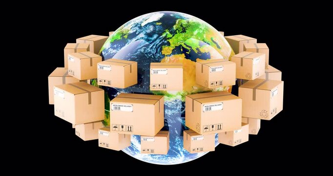 Parcels rotating around the Earth Globe. Global shipping and delivery concept, 3D rendering isolated on transparent background