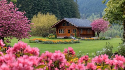 Log Cabin nestled amongst blooming spring flowers