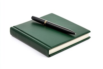 Vibrant Green Notebook and Pen Resting on a Fresh White Surface for Creative Writing