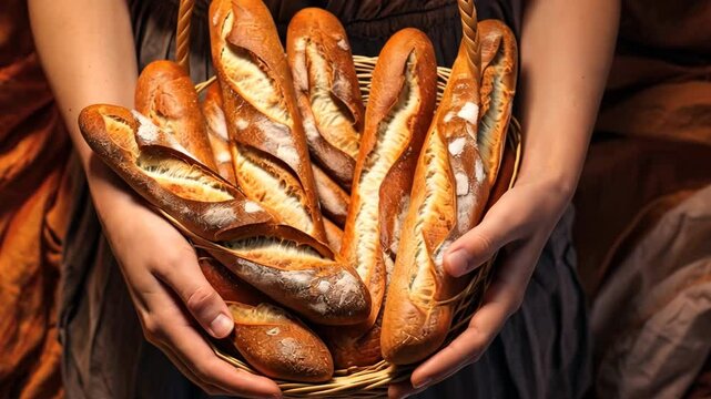 Female baker's hands hold a basket of freshly baked baguettes bread.