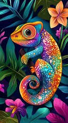 Obraz premium A vibrant chameleon perched among colorful tropical plants and flowers.