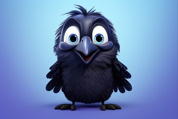 Obraz premium Happy Cartoon Raven Character Illustration in 3D. Funny and Cute Black Bird with Expressive Eyes