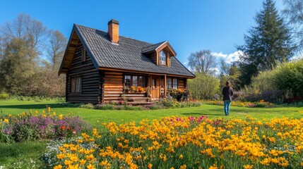 Charming Log Cabin Home Amidst Spring Flowers