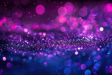 Abstract background with vibrant purple and blue glitter bokeh lights, creating a festive and magical atmosphere.
