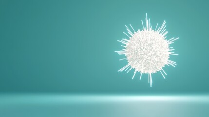 Abstract representation of a virus with spikes in a futuristic style against a teal background, illustrating the concept of infection and disease transmission in modern science