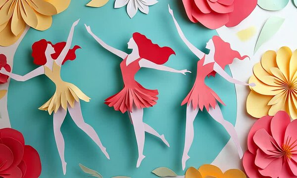 Colorful 3D Origami Characters Dancing in a Playful Floral Pattern Illustration