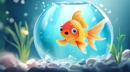 A cheerful goldfish swimming in a clear bowl surrounded by bubbles and aquatic plants.