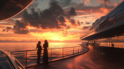 Fototapeta premium Woman and photographer on cruise liner deck sunset