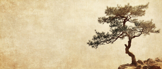 Single wind-swept pine tree on rocky ground against vintage textured beige background, minimal Japanese zen style composition. Generative AI.