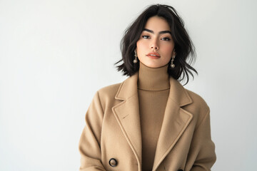 A young woman with short, wavy brown hair wears a camelcolored coat over a beige turtleneck sweater. She' posing against a plain white background. The image is a fashion portrait with a neutral color 