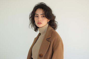 A young woman with short, wavy brown hair wears a camelcolored coat over a beige turtleneck sweater. She' posing against a plain white background. The image is a fashion portrait with a neutral color 