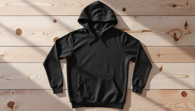 Black hoodie mockup laid flat on wooden background, ideal for apparel design and personalized branding